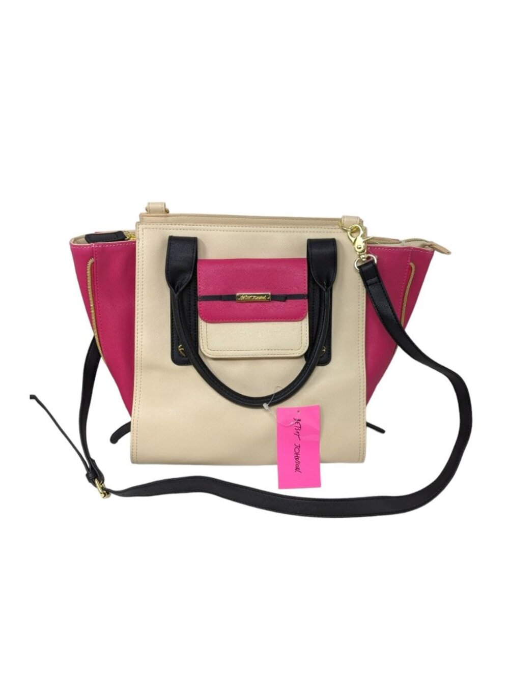 Betsey Johnson Beige Cream Pink Black Gold Handbag Satchel Crossbody Bag
